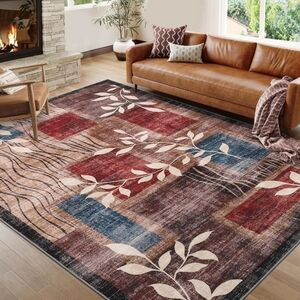 Modern Floral Area Rug - Red, Blue & Cream